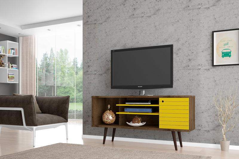 Manhattan Comfort Liberty 53.14\" Mid-Century Modern TV Stand with 5 Shelves & 1 Door - Rustic Brown & White