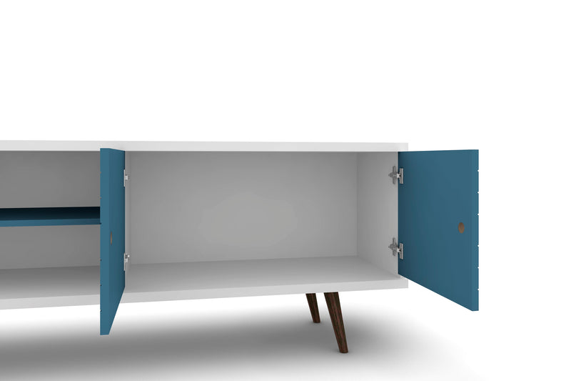 Manhattan Comfort Liberty 62.99\" Mid-Century Modern TV Stand with 3 Shelves & 2 Doors - White & Aqua Blue