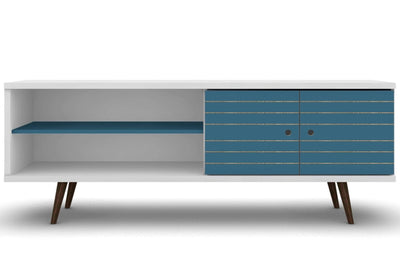 Manhattan Comfort Liberty 62.99" Mid-Century Modern TV Stand with 3 Shelves & 2 Doors - White & Aqua|Meuble pour téléviseur Liberty de Manhattan Comfort de 62,99 po de style moderne du milieu du 20e si