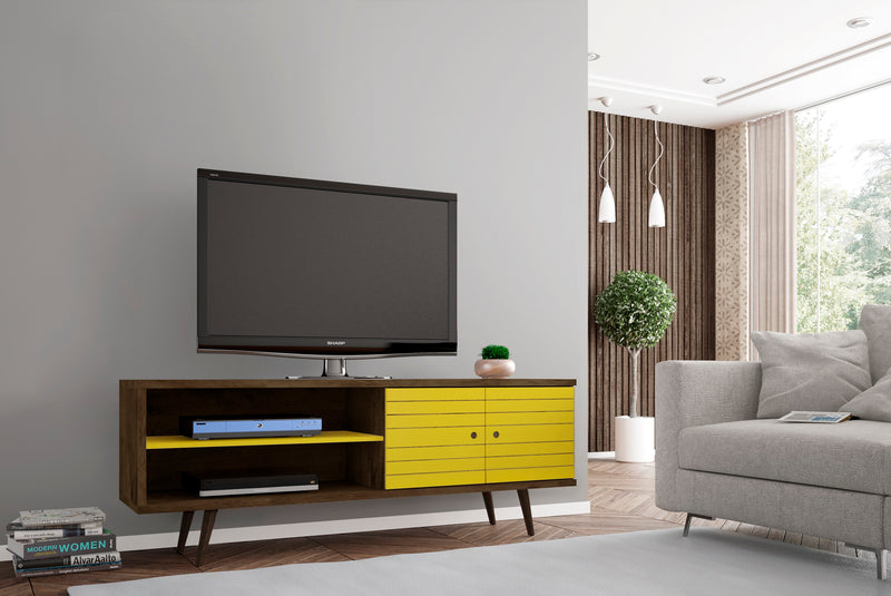 Manhattan Comfort Liberty 62.99\" Mid-Century Modern TV Stand with 3 Shelves & 2 Doors - Rustic Brown & White