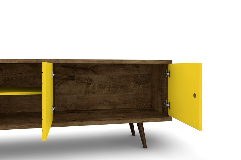 Manhattan Comfort Liberty 62.99\" Mid-Century Modern TV Stand with 3 Shelves & 2 Doors - Rustic Brown & White