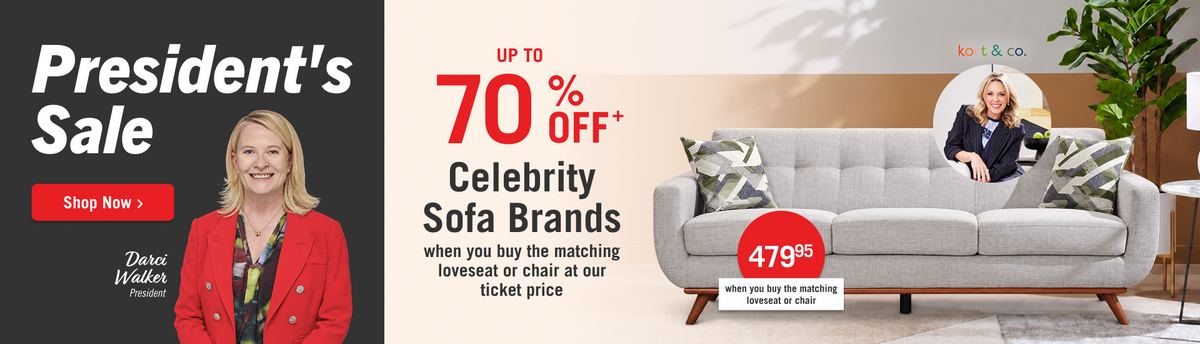 President's Sale at The Brick! Up to 65% Off Celebrity Sofa Brands when you buy the matching loveseat or chair at our ticket price! Shop Now!