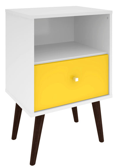 Manhattan Comfort Liberty Mid-Century Modern Nightstand with Cubby Space & Drawer - White & Yellow|Table de nuit Liberty de Manhattan Comfort de style moderne du milieu du 20e siècle avec compartiment et tiroir - blanche et jaune