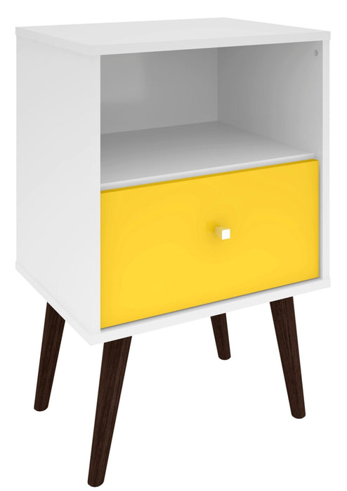 Manhattan Comfort Liberty Mid-Century Modern Nightstand with Cubby Space & Drawer - White & Yellow