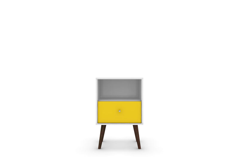 Manhattan Comfort Liberty Mid-Century Modern Nightstand with Cubby Space & Drawer - White & Yellow