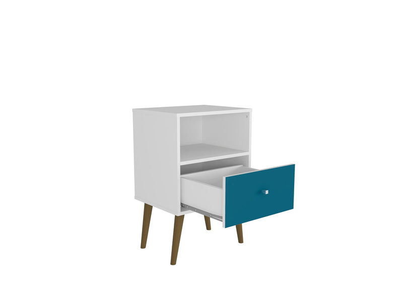 Manhattan Comfort Liberty Mid-Century Modern Nightstand with Cubby Space & Drawer - White & Aqua Blue