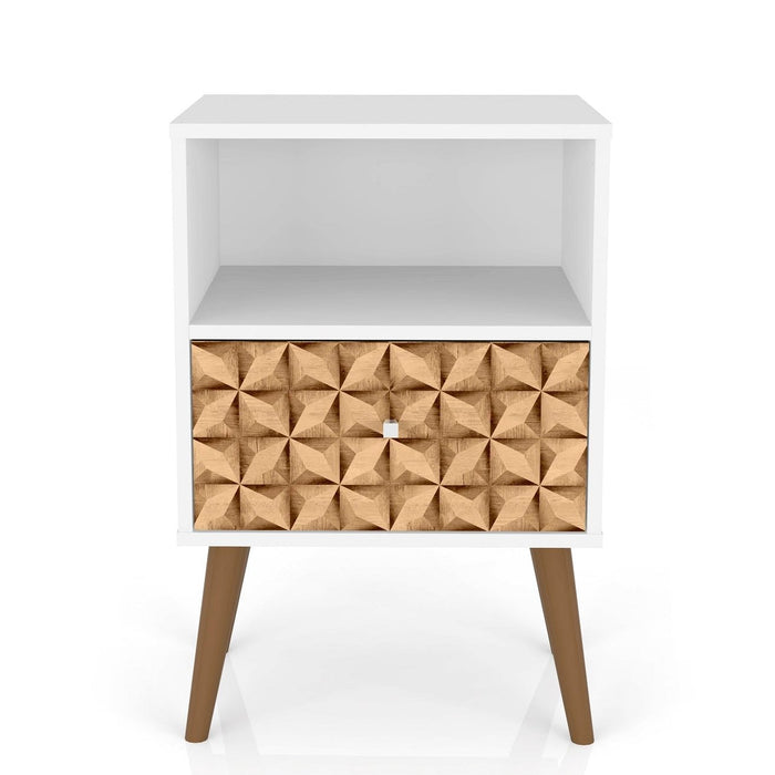 Manhattan Comfort Liberty Mid-Century Modern Nightstand with Cubby Space & Drawer - White & Brown
