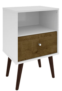 Manhattan Comfort Liberty Mid-Century Modern Nightstand with Cubby Space & Drawer - White & Rustic Brown