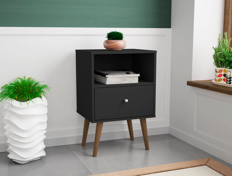 Manhattan Comfort Liberty Mid-Century Modern Nightstand with 1 Cubby Space & Drawer - Black
