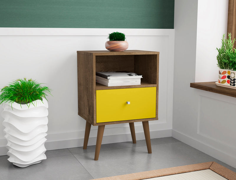 Manhattan Comfort Liberty Mid-Century Modern Nightstand with Cubby Space & Drawer - Rustic Brown & Yellow