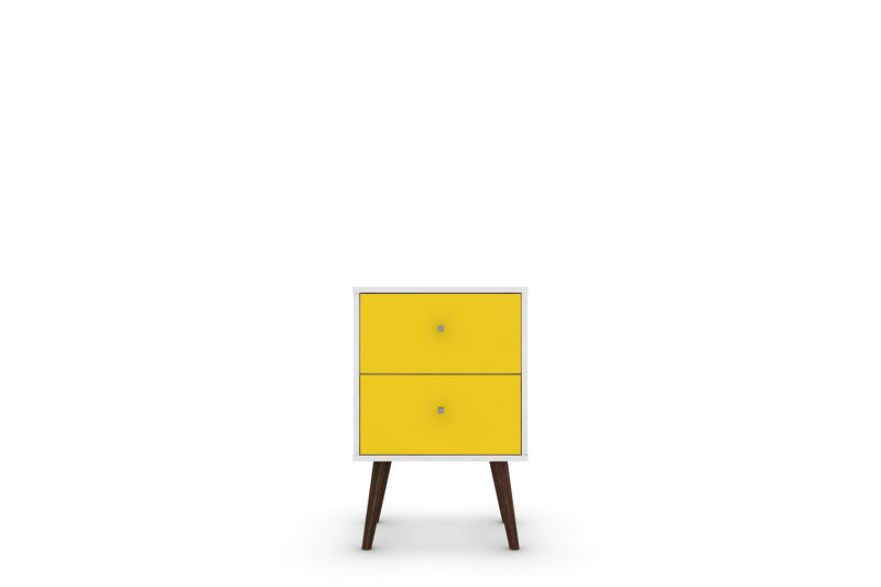 Manhattan Comfort Liberty Mid-Century Modern Nightstand with 2 Full Extension Drawers - White & Yellow