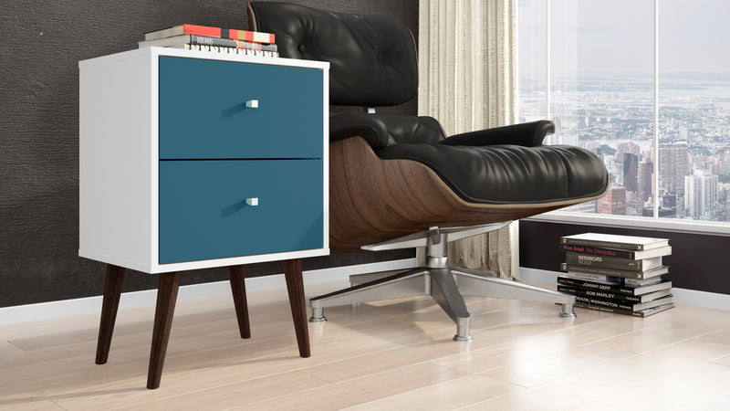Manhattan Comfort Liberty Mid-Century Modern Nightstand with 2 Full Extension Drawers - White & Aqua Blue