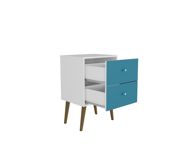 Manhattan Comfort Liberty Mid-Century Modern Nightstand with 2 Full Extension Drawers - White & Aqua Blue