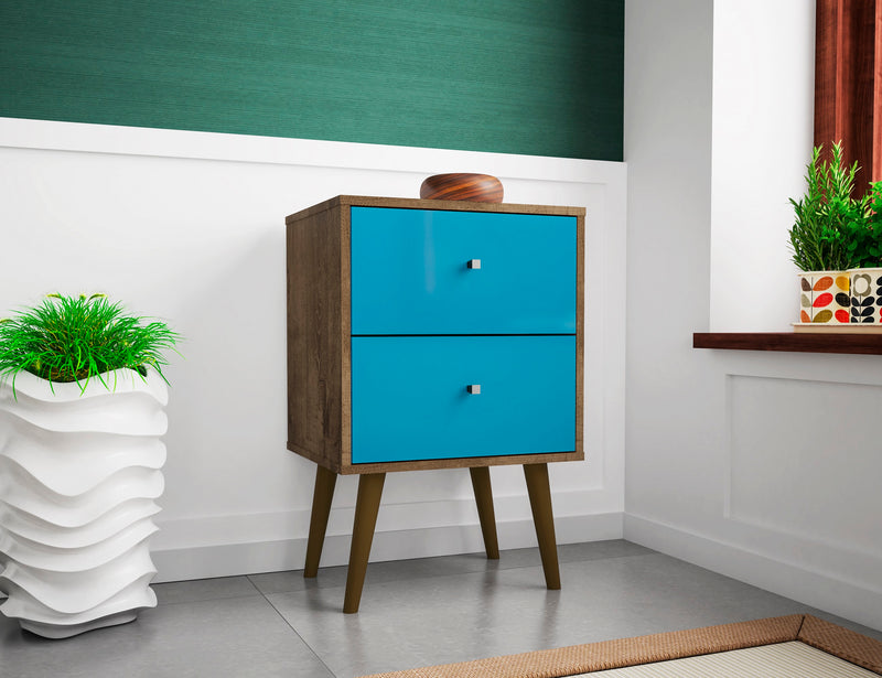 Manhattan Comfort Liberty Mid-Century Modern Nightstand with 2 Full Extension Drawers - Rustic Brown & Aqua Blue
