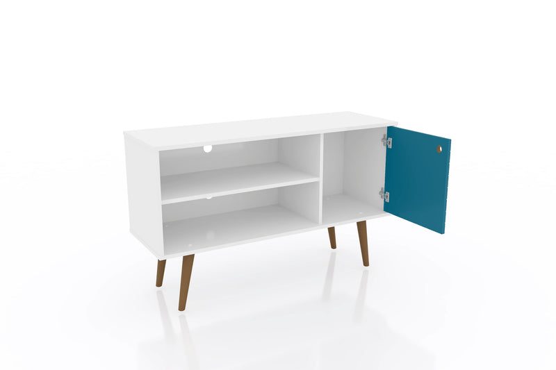 Manhattan Comfort Liberty 42.52\" Mid-Century Modern TV Stand with 2 Shelves & 1 Door - White & Aqua Blue
