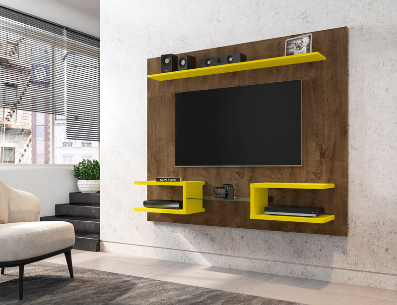 Manhattan Comfort Plaza 64.25\" Modern Floating Wall Entertainment Center with Display Shelves - Rustic Brown & Yellow