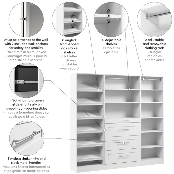 Bestar Florence 85\" Modular Reach-In/Walk-In Closet System with Drawers and Shoe Shelves Shaker Style - White