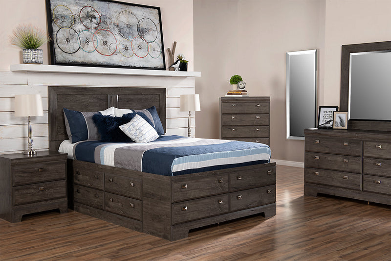 Yorkdale 6pc Bedroom Set with 12-Drawer Storage Bed, Dresser, Mirror & Nightstand, Grey - Full Size