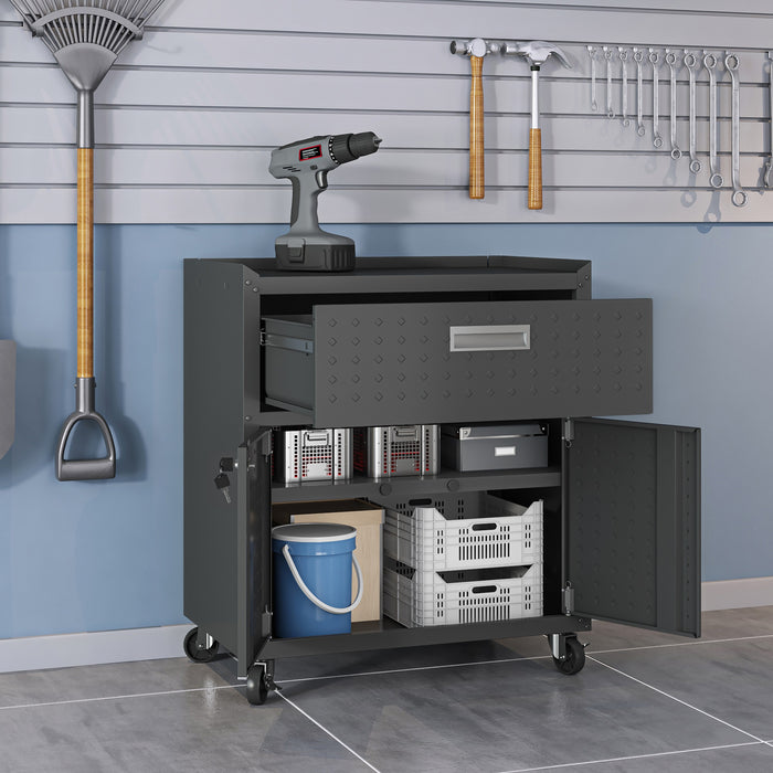 Manhattan Comfort Fortress Textured Metal 31.5\" Garage Mobile Cabinet with Drawer & 2 Adjustable Shelves - Charcoal Grey