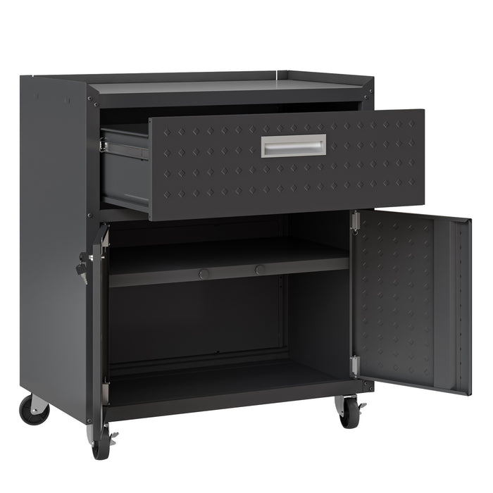 Manhattan Comfort Fortress Textured Metal 31.5\" Garage Mobile Cabinet with Drawer & 2 Adjustable Shelves - Charcoal Grey