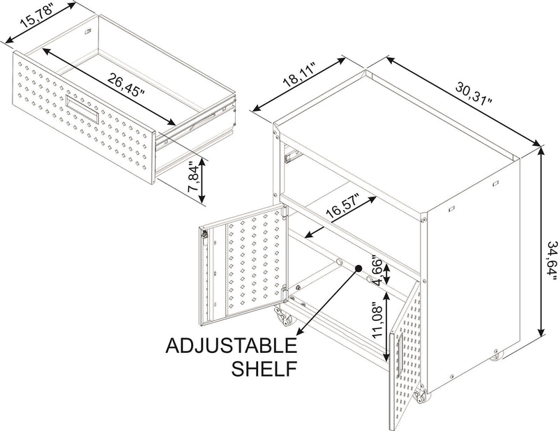 Manhattan Comfort Fortress Textured Metal 31.5\" Garage Mobile Cabinet with Drawer & 2 Adjustable Shelves - White