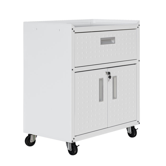 Manhattan Comfort Fortress Textured Metal 31.5\" Garage Mobile Cabinet with Drawer & 2 Adjustable Shelves - White