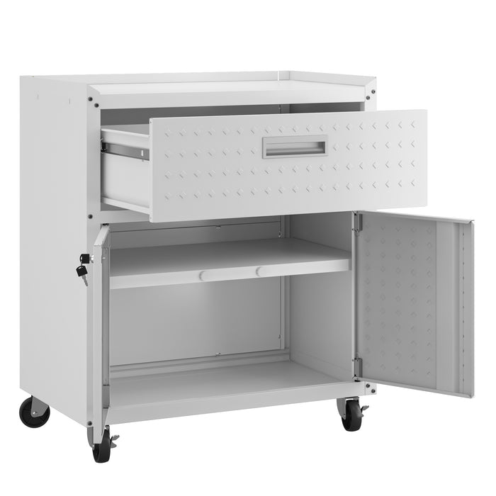 Manhattan Comfort Fortress Textured Metal 31.5\" Garage Mobile Cabinet with Drawer & 2 Adjustable Shelves - White