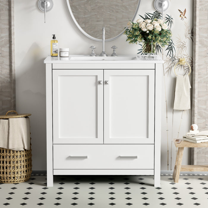 Erica 30\" Solid Wood Bathroom Vanity With Single Ceramic Sink, Soft-close Doors, And Multifunctional Storage - White