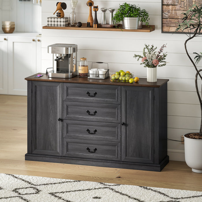 HOMCOM 58\" Sideboard Buffet Cabinet with Charging Station Black Wood Grain
