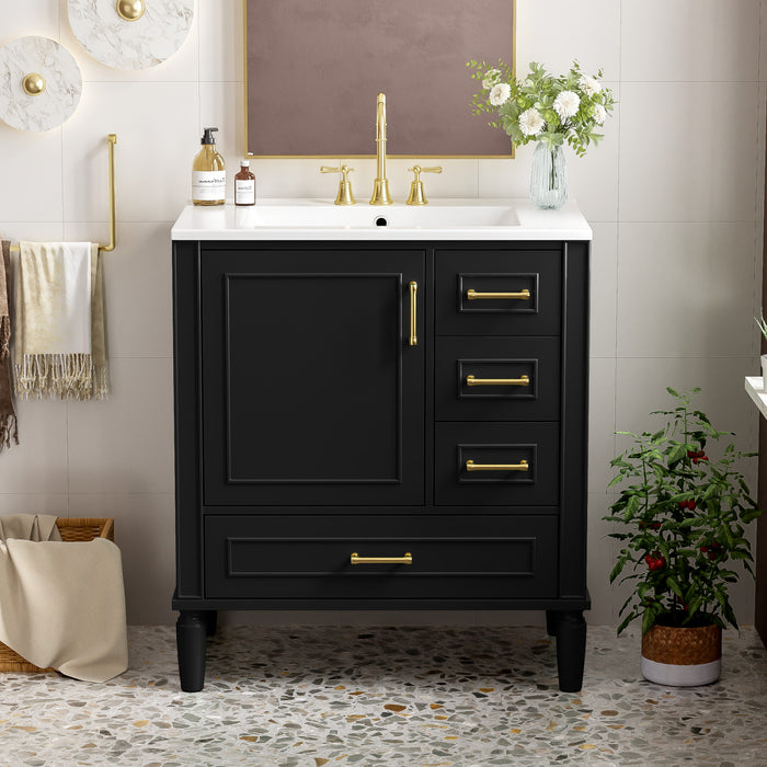 Emerson 30 Inch Bathroom Vanity with Ceramic Sink and Three Drawers, Black