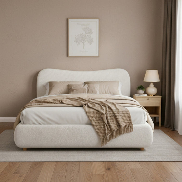 Camille Platform Bed with Curved Headboard and Luxurious Boucle Upholstery,Queen Size,White Queen Bed