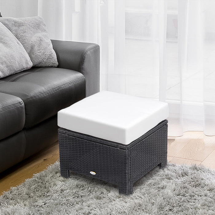Outsunny Patio Rattan Ottoman w/ Cushion and Metal Frame for Garden, White