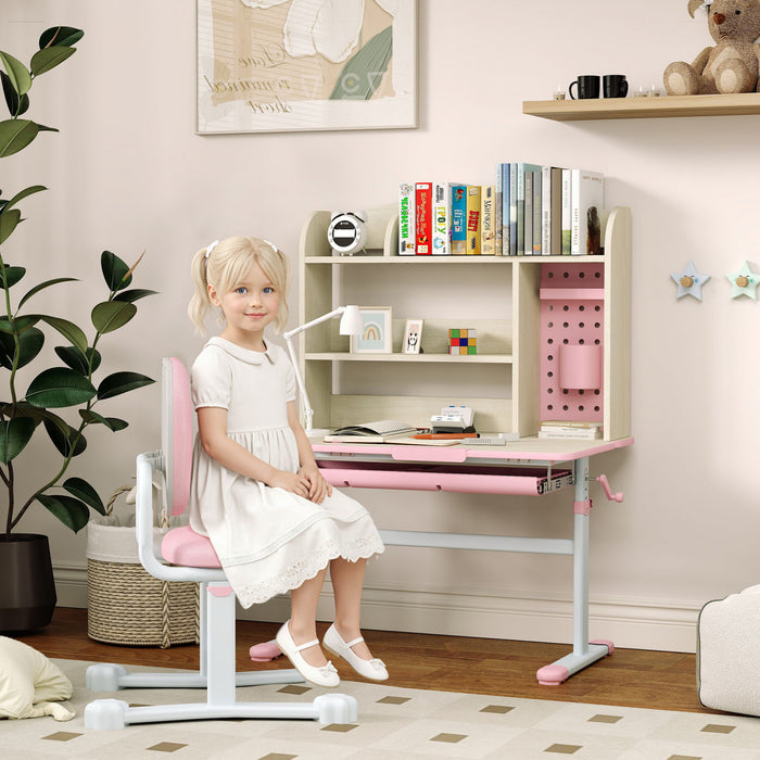 Qaba Kids Desk and Chair Set, Height Adjustable Children Study Table and Chair Set with Tiltable Desktop, Drawer and Shelves for Boys Girls Ages 3-12, Pink