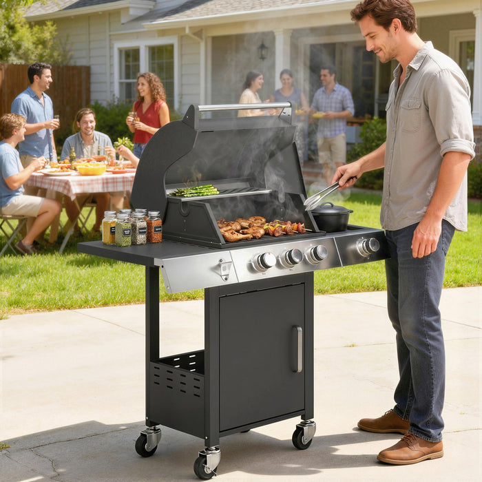 Outsunny 3 Burner Propane Gas Grill with Side Burner, 36,000 BTU BBQ Grill, Propane BBQ, Cast Metal Grates, Thermometer, Warming Rack, Cabinet, Wheels, Side Tables