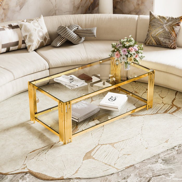 Aria 47.5 Inch Modern Rectangular Coffee Table with Asymmetrical Gold Frame and Glass Top, Transparent