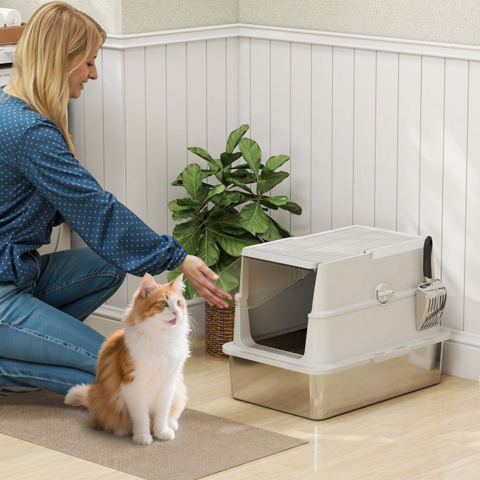 Pawhut Xl Stainless Steel Cat Litter Box With Lid, Extra Large Enclosed Metal Litter Box For Big Cats With Scoop, Flip Top, Easy Clean & No Odors, Non-sticky