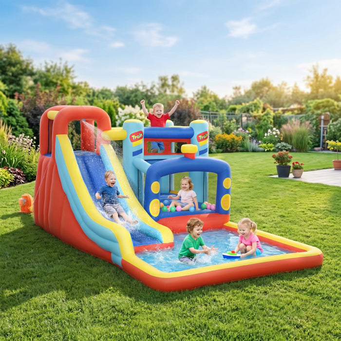 Qaba 14.3 x 8FT Bouncy Castle for Kids, 4 in 1 Inflatable Bounce House with Slide, Climbing Wall, Trampoline, Ball Pit Pool and Blower, Indoor Outdoor Jumping Castle for 3-8 Years