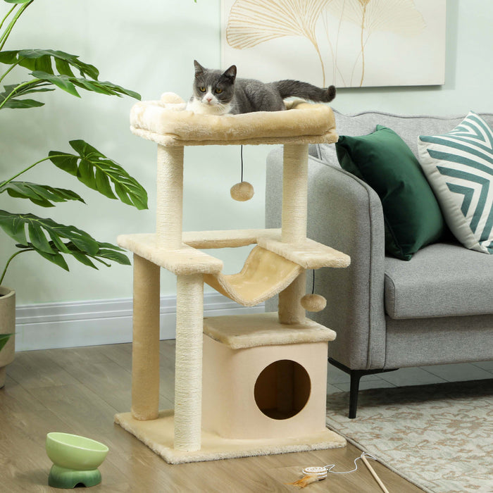 PawHut Cat Tree Tower Multi-Level Kitten House with Scratching Post Condo Hammock Bed Ball Toy - 19 x 19 x 35.5 Inches, Beige