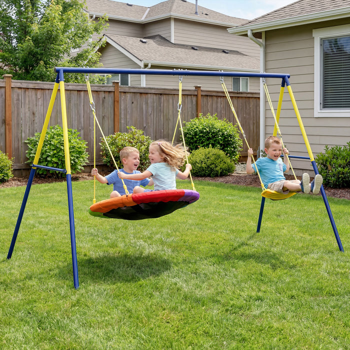 Qaba 2-in-1 Swing Sets for Backyard, 330 lbs Capacity Metal Outdoor Playset with A-Frame, Belt Swing, Saucer Swing and Adjustable Height, Ages 3-8, Multicolour
