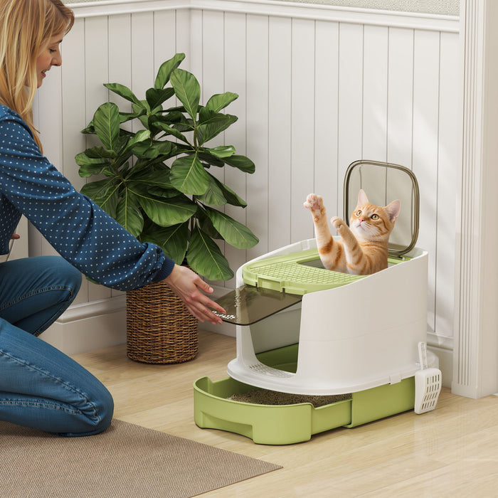 PawHut Cat Litter Box with Lid, Enclosed Kitty Litter Pen with Scoop, Top Entry, Deodorization Bags, Drawer Type Cat Litter Tray, Easy Cleaning, Green