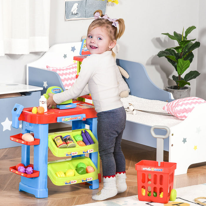 Qaba Supermarket Playset For Kids, 50 Grocery Store Toys, Pretend Play Toy With Food, Check-out Counter, Scanner, Shelves