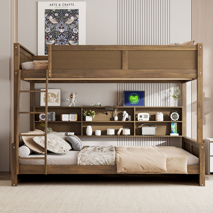 Liam Solid Wood Full XL Over Queen Bunk Bed with Storage & USB Ports, Brown