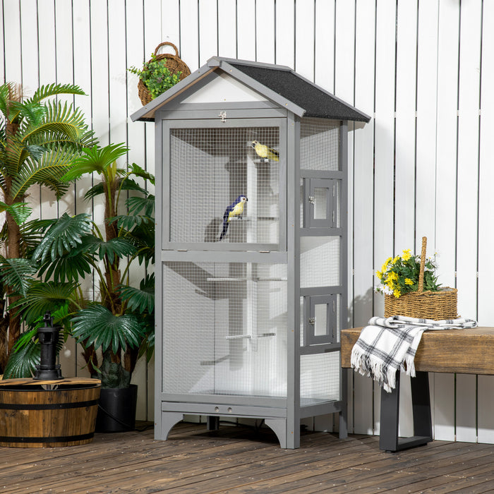 Pawhut 62.5\" H Large Wooden Bird Cage Outdoor Indoor For African Grey Small Quaker Amazon Parrot Cockatiel Sun Parakeet Green Cheek Conure Dove Lovebird Budgie Play, Light Grey