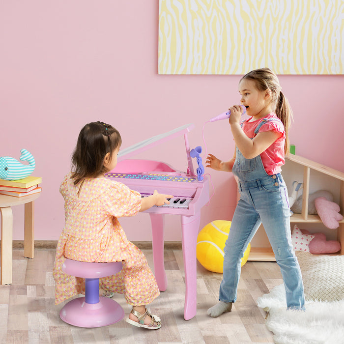 Qaba Mini Electronic Musical Piano 37 Key Keyboard Multifunction Kids Toy With Microphone Stool (pink)