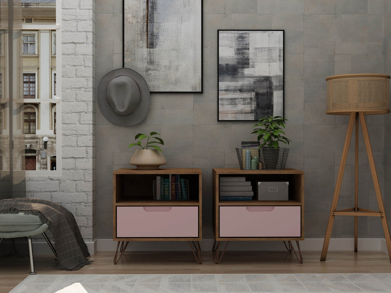 Rockefeller Mid-Century Modern 20\" Nightstand in Pink (1-Drawer) - Set of 2