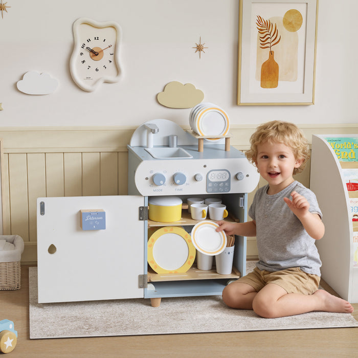 Qaba Wooden Dishwasher Playset, Pretend Play Kitchen Toys with Faucet, Turning Knobs and Accessories, Play Sink Toys for Boys Girls, Light Blue