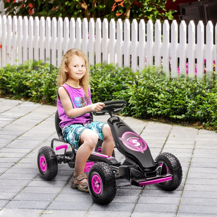 Aosom Kids Pedal Go Kart, Ride On Toys For Boys Girls With Ergonomic Adjustable Seat, Rubber Wheels Shock Absorb, Safety Hand Brake, Ages 5-12 Years Old, Pink