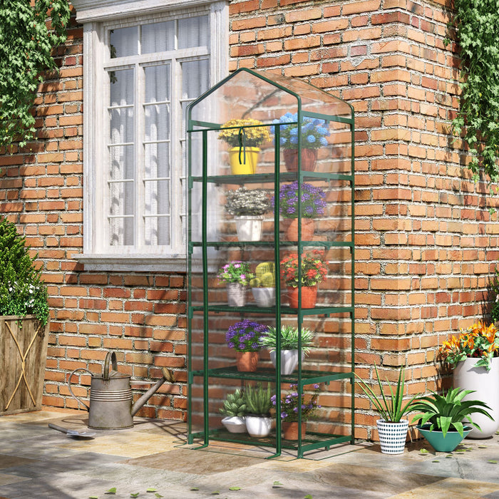 Outsunny 5 Tier Mini Greenhouse, Portable Outdoor Flower Stand With Shelf Clips, Indoor Greenhouse With Steel Frame, Transparent, 27.25\" X 19.25\" X 76\"