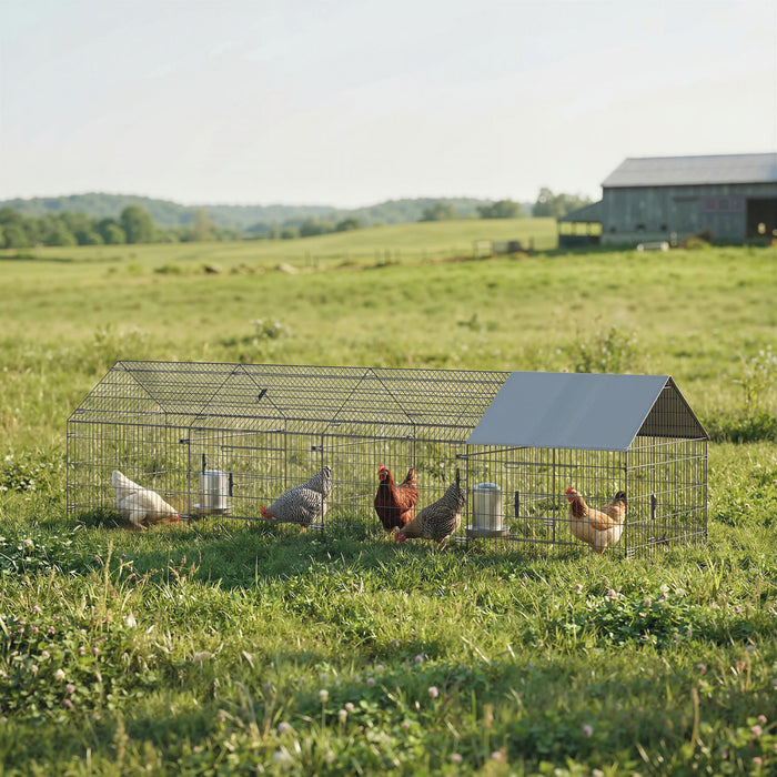 PawHut Metal Chicken Coop, 14' x 3.5' x 3.6' Large Chicken Run with Water-Resistant & Anti-UV Cover, Outdoor Poultry Cage with 6 Doors for 4-6 Hens, Rabbits, Ducks, Geese