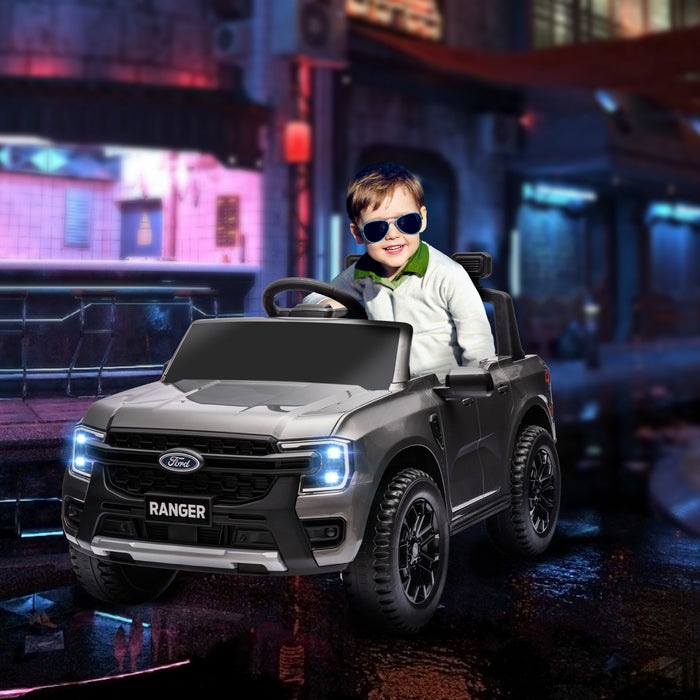 Qaba Ford Ranger Licensed 12v Powered Ride-On Car With Rear Storage, Battery Powered Kids Electric Car Truck With Remote Control, Spring Suspension, Headlights, Music Horn, Grey